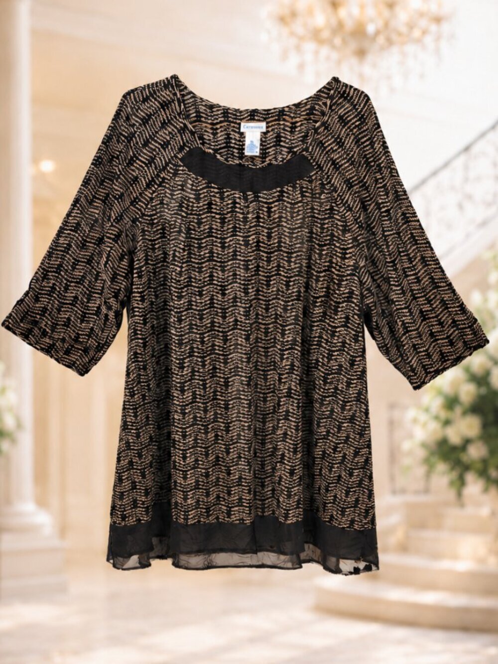 Catherines Brown/Cream 3/4 Sleeve V Neck Mesh Geometric Tunic - 3X